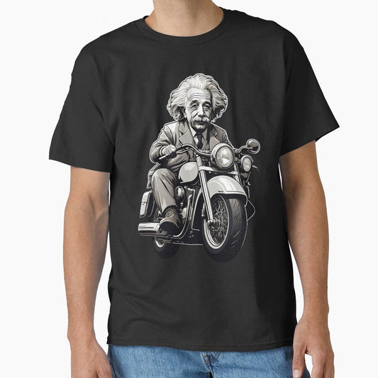 "Ride the Genius: Monochromatic Einstein on a Motorcycle Sticker" by ShadeScapeArt Unisex T-shirt, Sweatshirt, Hoodie, Long Sleeve Tee - T-Shirt, Sweatshirt, Hoodie