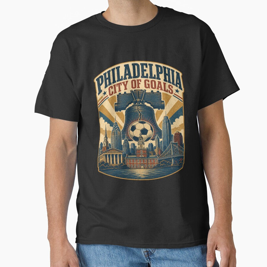 Philadelphia City of Goals Retro Soccer Travel Shirt | Liberty Bell Skyline Vintage Americana Philadelphia Fan Design by Globalcitytees - T-Shirt, Sweatshirt, Hoodie