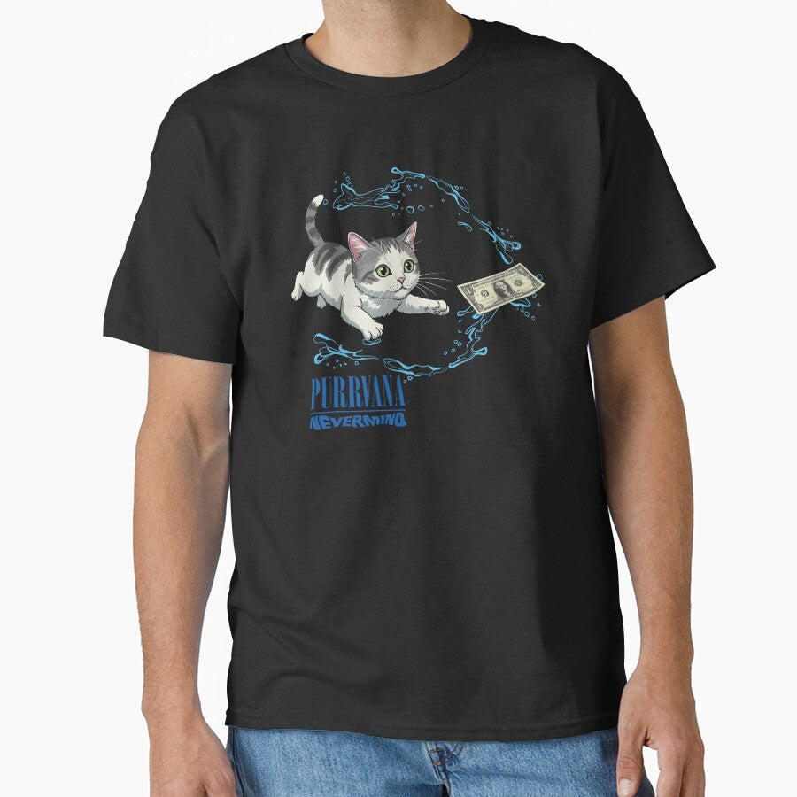 Purrvana Nevermind Cat  Funny Rock Music Parody Art by Robert "Hellfish" Fonseca Unisex T-shirt, Sweatshirt, Hoodie, Long Sleeve Tee - T-Shirt, Sweatshirt, Hoodie
