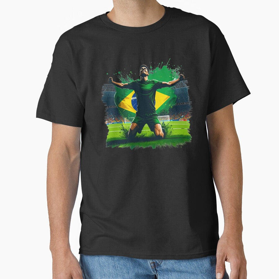 Brazil Soccer Player Celebration. Brazilian flag football fan kneeling goal celebration on the pitch. Brazil supporter design for soccer lovers, football fans, players and team spirit gifts. by icemanphotos - T-Shirt, Sweatshirt, Hoodie