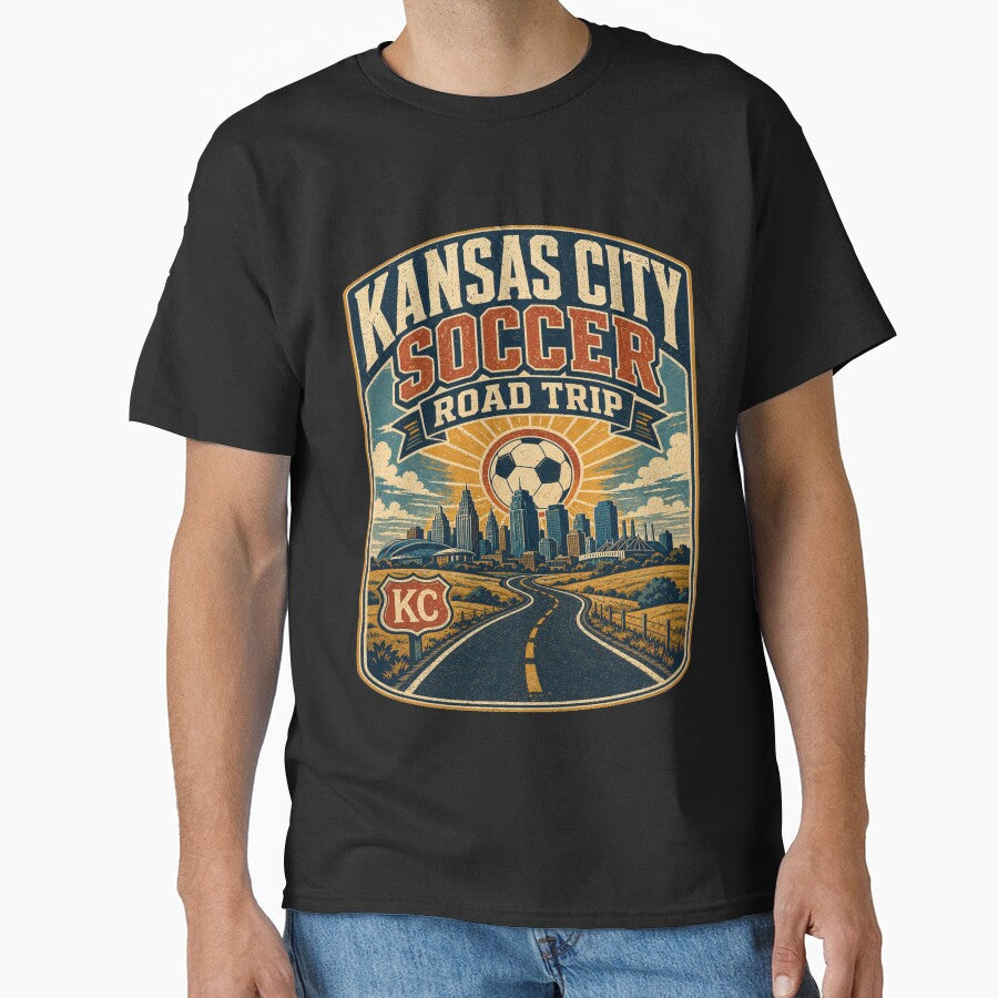 Kansas City Soccer Road Trip Retro Travel Shirt | Vintage Highway Skyline Football Fan Design by Globalcitytees - T-Shirt, Sweatshirt, Hoodie