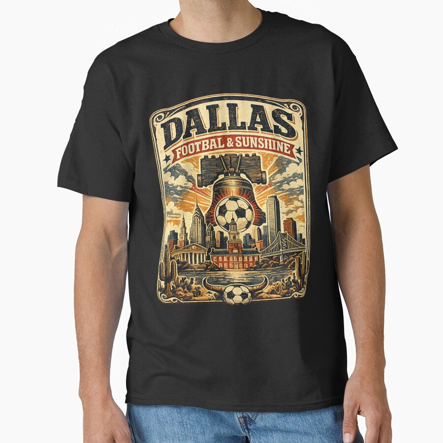 Dallas Football & Sunshine Retro Soccer Travel Shirt | Texas Sunset Skyline Match Day Fan Design by Globalcitytees - T-Shirt, Sweatshirt, Hoodie