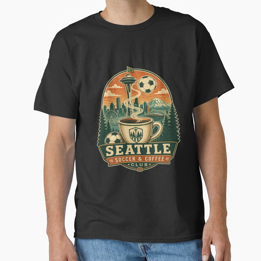 Seattle Soccer & Coffee Club Retro Travel Shirt | Space Needle Coffee Soccer Ball Seattle by Globalcitytees - T-Shirt, Sweatshirt, Hoodie