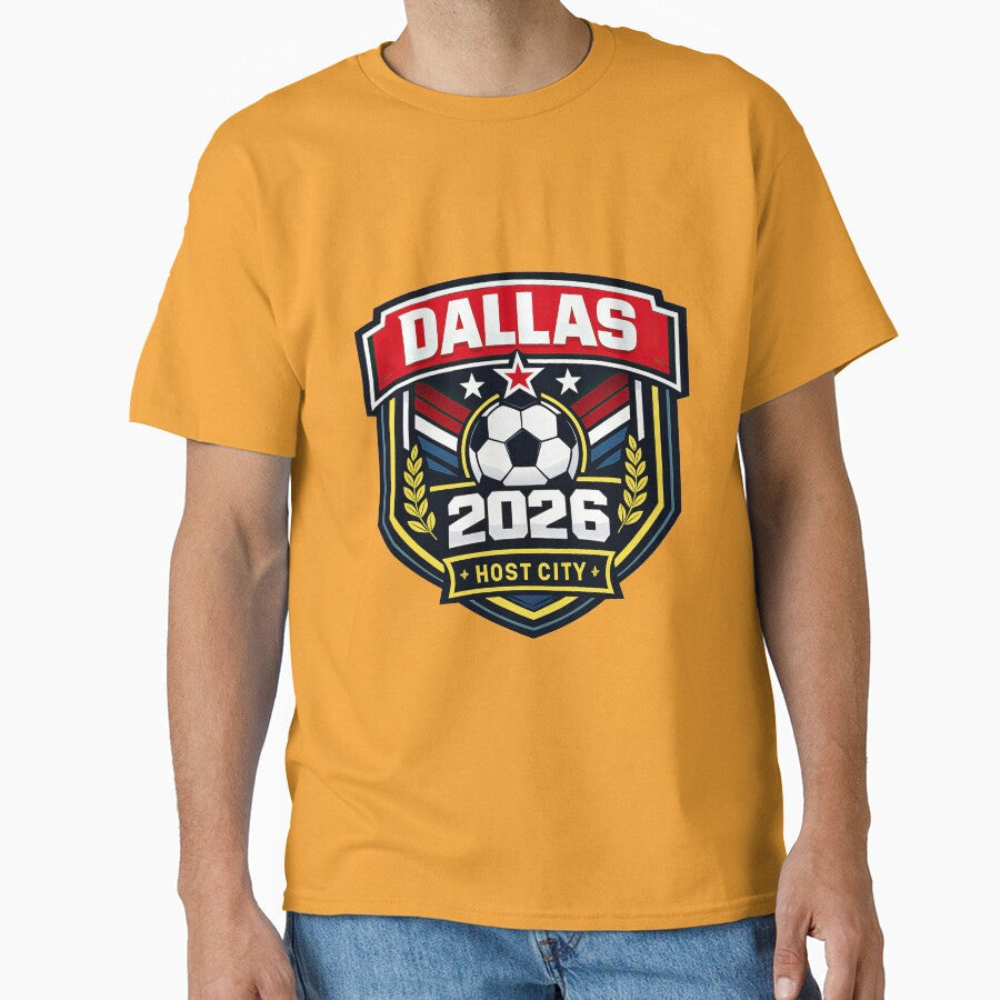 Dallas 2026 Host City Emblem with Laurel by BrickByDream Unisex T-shirt, Sweatshirt, Hoodie, Long Sleeve Tee - T-Shirt, Sweatshirt, Hoodie