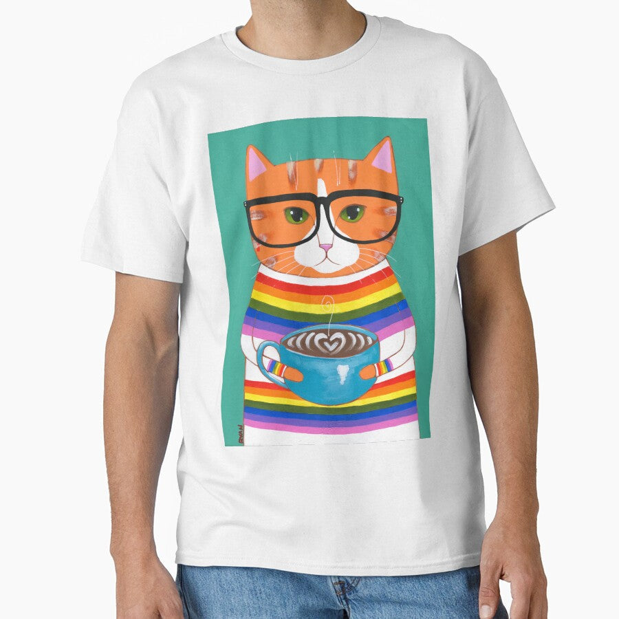 Ginger Rainbow Coffee Cat by KilkennyCat Art Unisex T-shirt, Sweatshirt, Hoodie, Long Sleeve Tee - T-Shirt, Sweatshirt, Hoodie