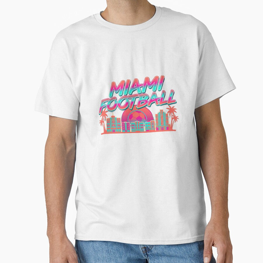 Miami Football Retro 80s Synthwave Soccer Skyline by Lulustarfox Unisex T-shirt, Sweatshirt, Hoodie, Long Sleeve Tee - T-Shirt, Sweatshirt, Hoodie
