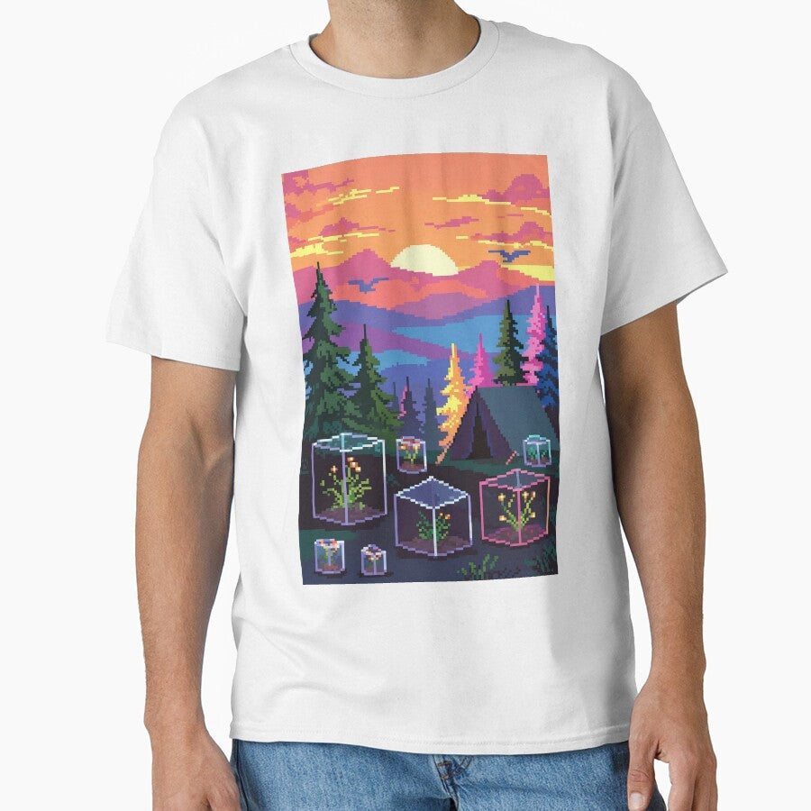 Retro Pixel Sunset Camp with Mini Terrariums by LuxeBuzz Unisex T-shirt, Sweatshirt, Hoodie, Long Sleeve Tee - T-Shirt, Sweatshirt, Hoodie