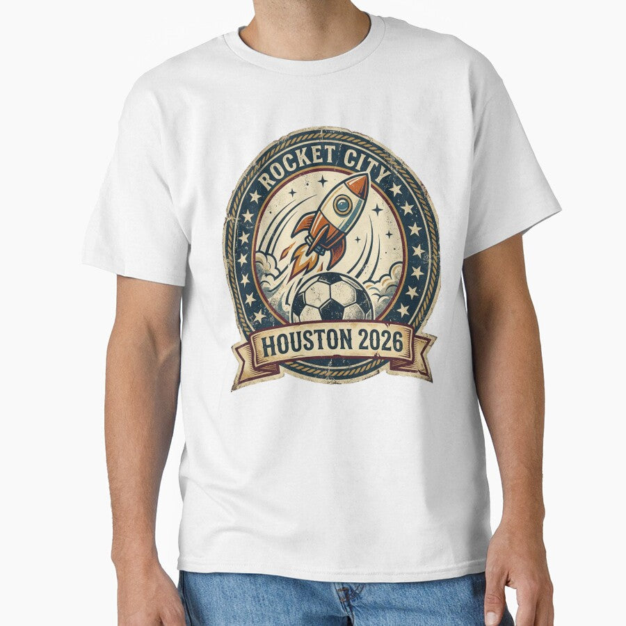 Houston 2026 World Cup Host City Vintage Football Badge  Rocket City Space Soccer Crest Design by BrickByDream - T-Shirt, Sweatshirt, Hoodie