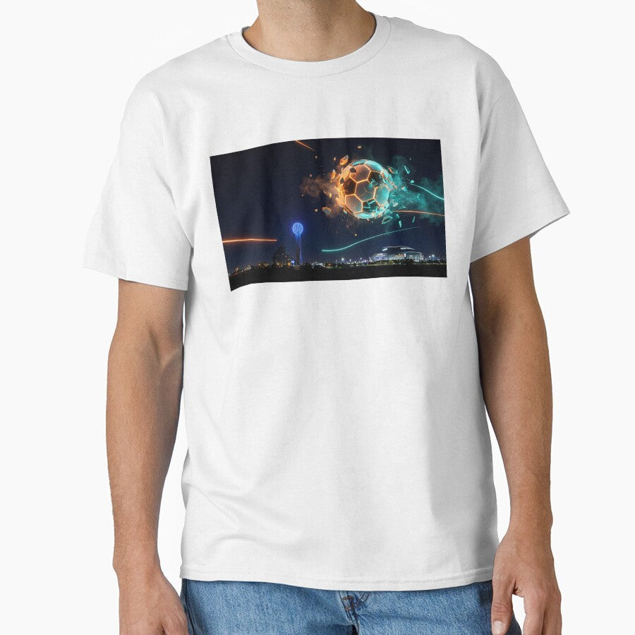 Futuristic Soccer Ball Over Dallas Cityscape by BrickByDream Unisex T-shirt, Sweatshirt, Hoodie, Long Sleeve Tee - T-Shirt, Sweatshirt, Hoodie