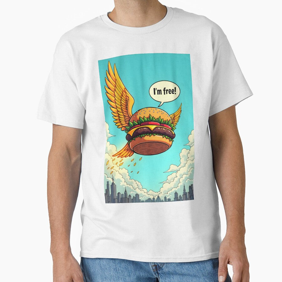 Flying Burger Art: Whimsical Designs of Burgers with Wings by WAUZ Unisex T-shirt, Sweatshirt, Hoodie, Long Sleeve Tee - T-Shirt, Sweatshirt, Hoodie