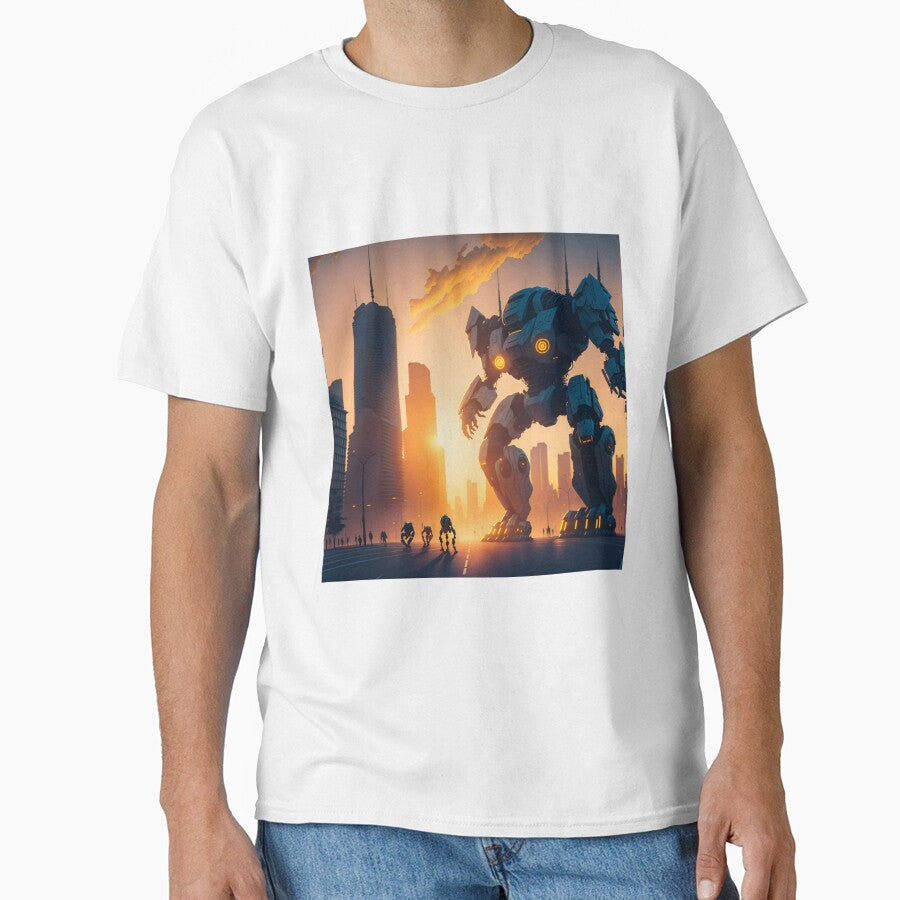 Robot in modern city at sunset by Kazujoshi-Art Unisex T-shirt, Sweatshirt, Hoodie, Long Sleeve Tee - T-Shirt, Sweatshirt, Hoodie