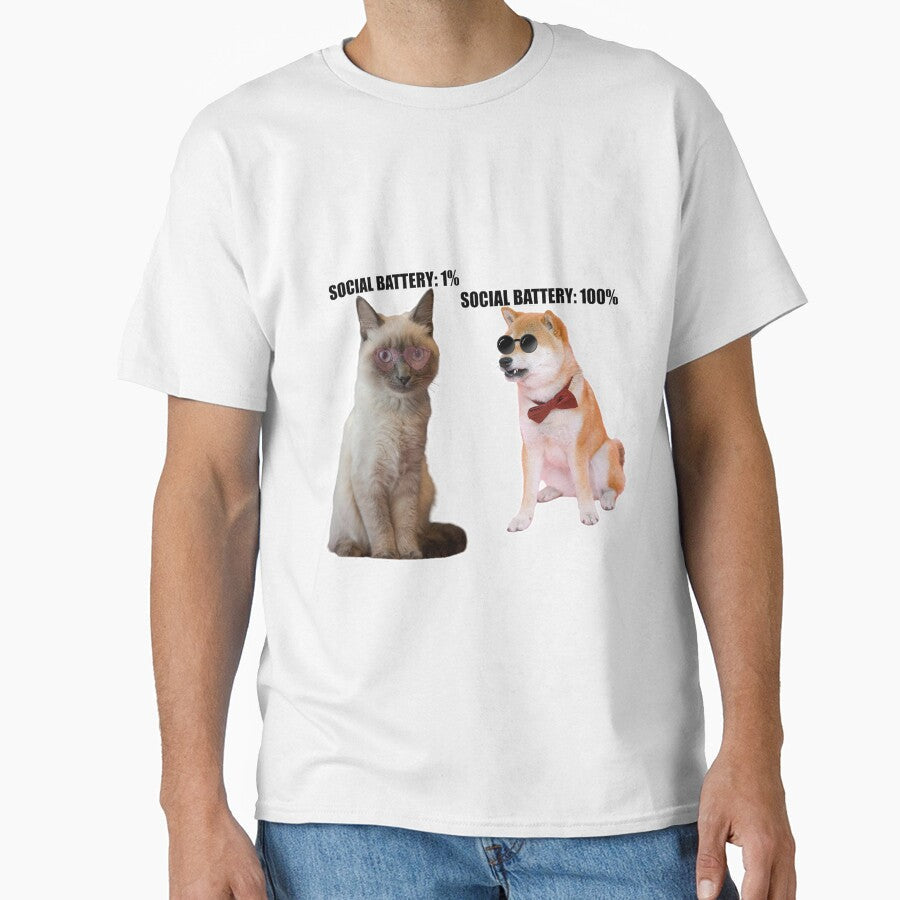 Social Battery 1% vs 100%  Funny Introvert Cat & Extrovert Dog Meme by The Grumpy Pet Club - T-Shirt, Sweatshirt, Hoodie