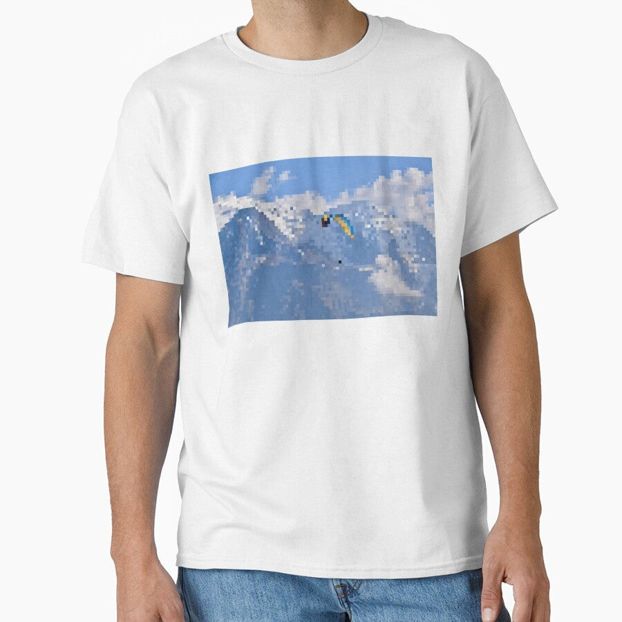 Pixelated Paraglider & Snowy Mountain Scene by Potato Quality Prints Unisex T-shirt, Sweatshirt, Hoodie, Long Sleeve Tee - T-Shirt, Sweatshirt, Hoodie
