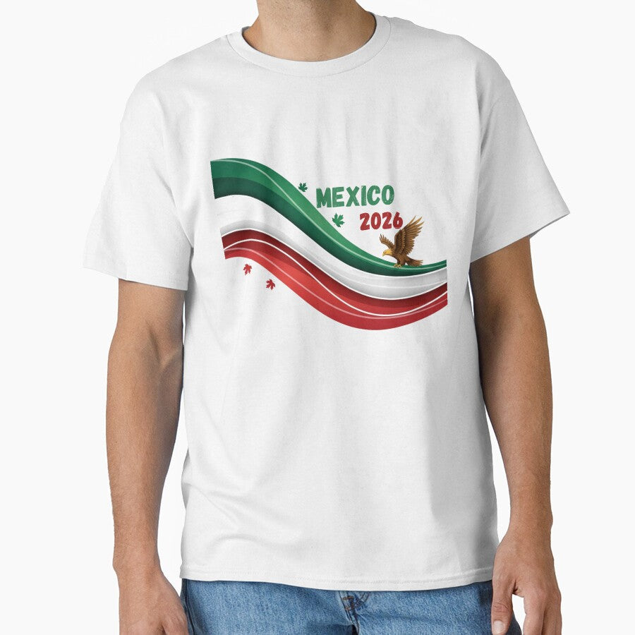 Mexico 2026 Soccer Fan T-shirt & Sticker - Waving Flag with Eagle Design.(Camiseta y Calcomana Mxico 2026 - Diseo Bandera y guila para Aficionados al Ftbol) by printeGear - T-Shirt, Sweatshirt, Hoodie