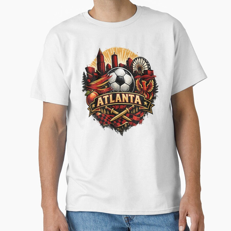 Atlanta Football Crest Style Design  City Skyline Soccer Graphic, Phoenix Sports Fan Artwork, Red Black Supporter Design by GarnerSupplyCo - T-Shirt, Sweatshirt, Hoodie