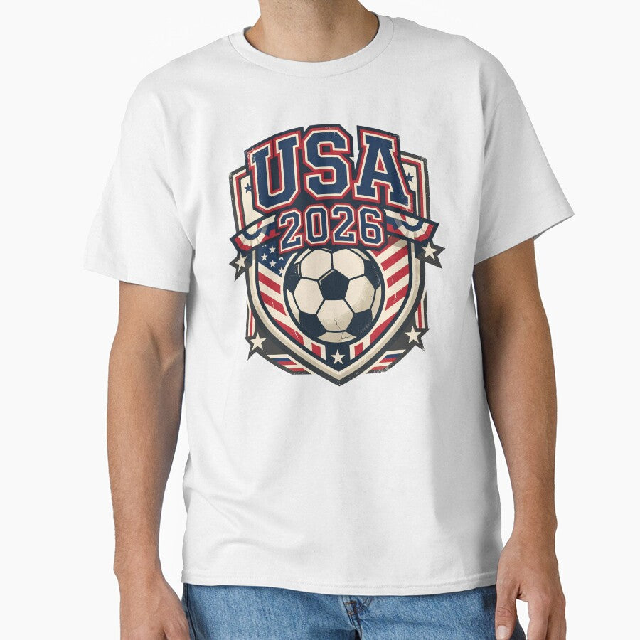 USA 2026 Retro Football Fan Crest by Saq2000 Unisex T-shirt, Sweatshirt, Hoodie, Long Sleeve Tee - T-Shirt, Sweatshirt, Hoodie