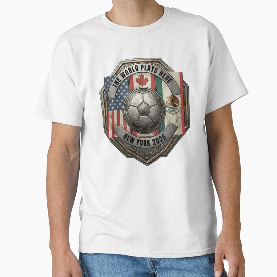 The World Plays Here NYC 2026 Co-Host Badge by laughingshirts Unisex T-shirt, Sweatshirt, Hoodie, Long Sleeve Tee - T-Shirt, Sweatshirt, Hoodie