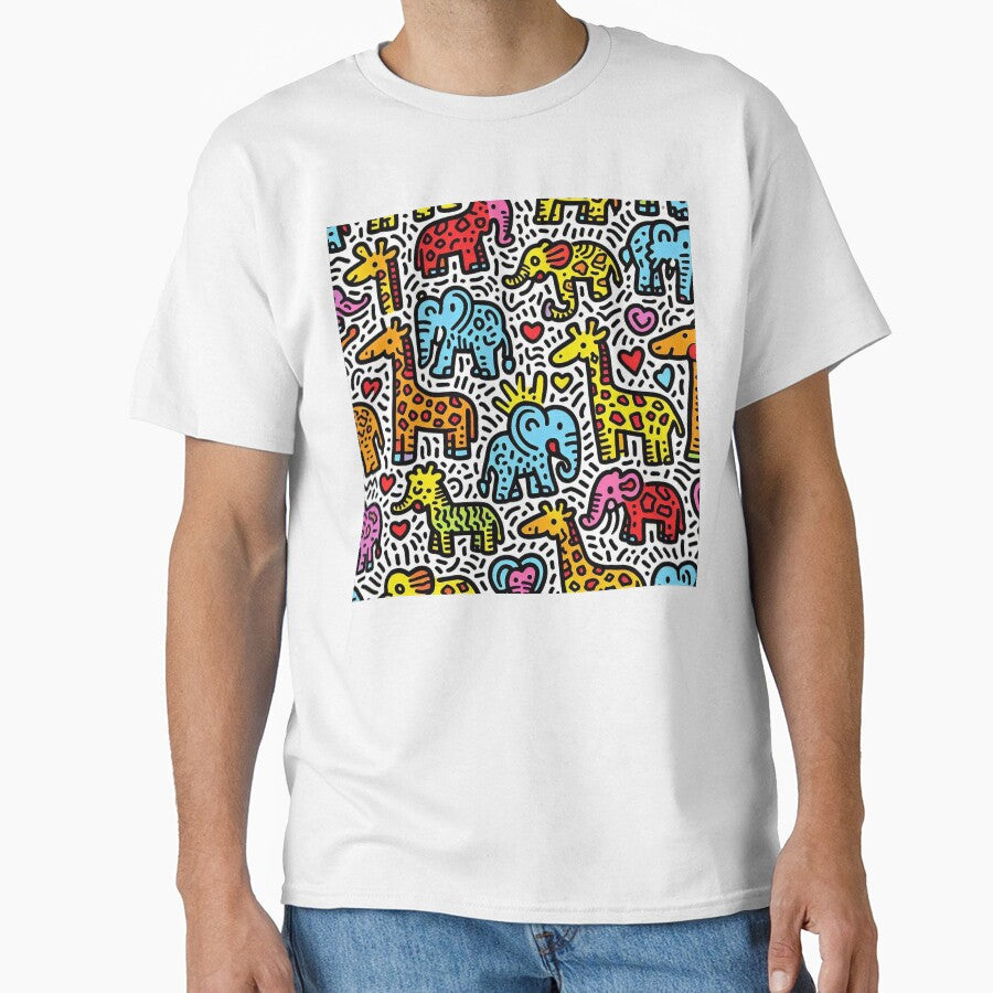 Keith Harring inspired pattern with giraffes and elephants by Silbays Unisex T-shirt, Sweatshirt, Hoodie, Long Sleeve Tee - T-Shirt, Sweatshirt, Hoodie