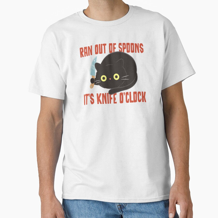 Ran Out of Spoons Knife O'Clock Funny T-Shirts Tees Pins Stickers Magnets Mugs Black Cat Knife Spoonies Chronic Illness  Autoimmune Disability Humor Tees Gifts by ChronicillnessT - T-Shirt, Sweatshirt, Hoodie