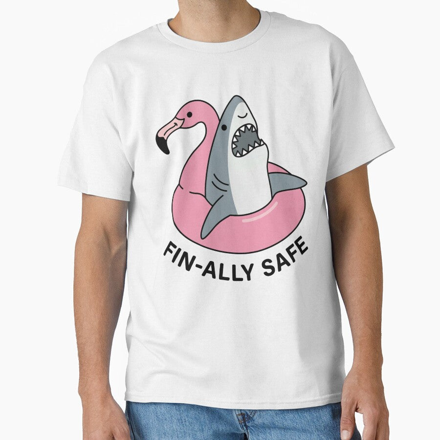Fin-ally Safe  Funny Shark Summer Pun by aiqdelicia Unisex T-shirt, Sweatshirt, Hoodie, Long Sleeve Tee - T-Shirt, Sweatshirt, Hoodie