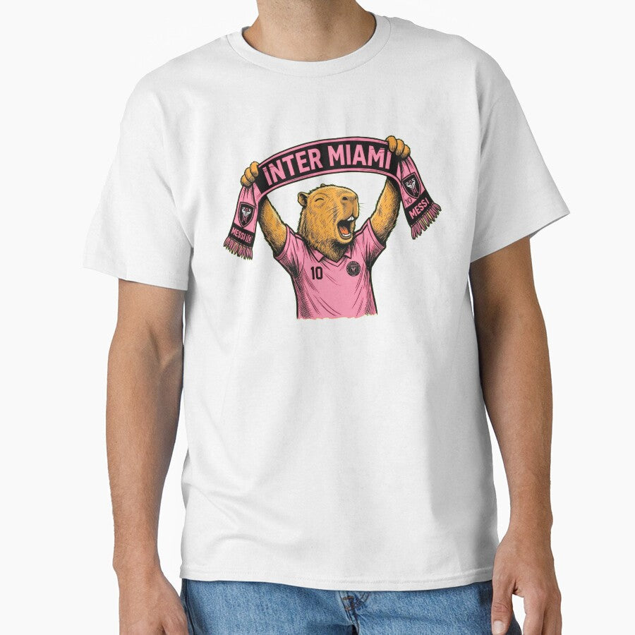 Capybara Inter Miami Fan Celebrating  Funny Soccer Illustration with Scarf by Golden Chaos - T-Shirt, Sweatshirt, Hoodie