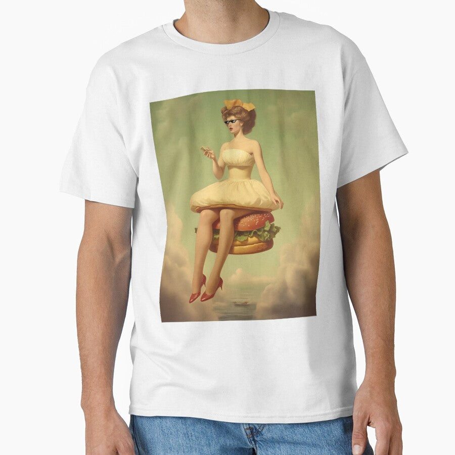Burger Princess Sitting on a Flying Burger Over the Sea by SingularityGeek Unisex T-shirt, Sweatshirt, Hoodie, Long Sleeve Tee - T-Shirt, Sweatshirt, Hoodie
