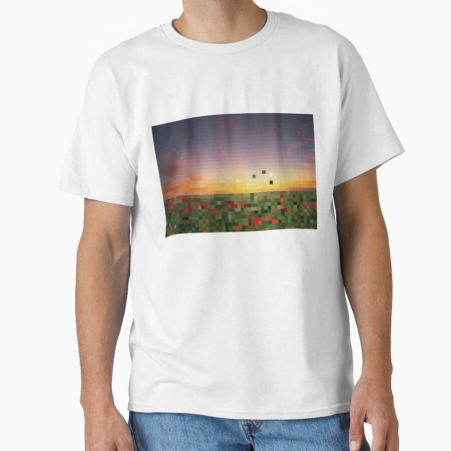 Pixelated Rose Field Sunset Scene by Potato Quality Prints Unisex T-shirt, Sweatshirt, Hoodie, Long Sleeve Tee - T-Shirt, Sweatshirt, Hoodie