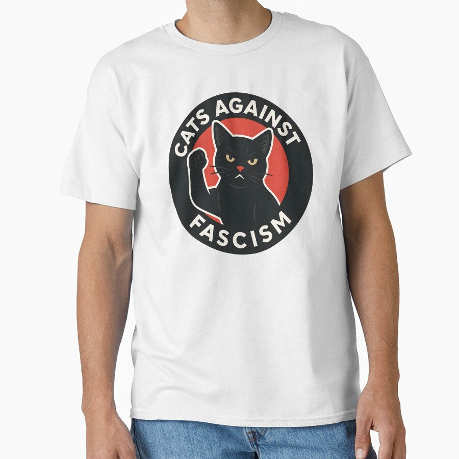 "Cats Against Fascism" Black Sticker with White Text & Red Circle  Bold Protest Cat Design by WAUZ - T-Shirt, Sweatshirt, Hoodie