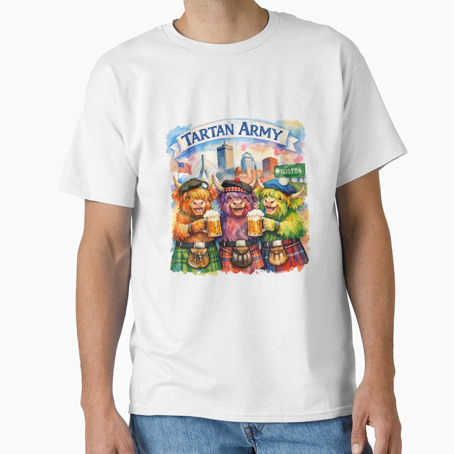 Tartan Army Scottish Highland Cows Celebrating in Boston Massachusetts USA Colorful Watercolor by MaedK - T-Shirt, Sweatshirt, Hoodie