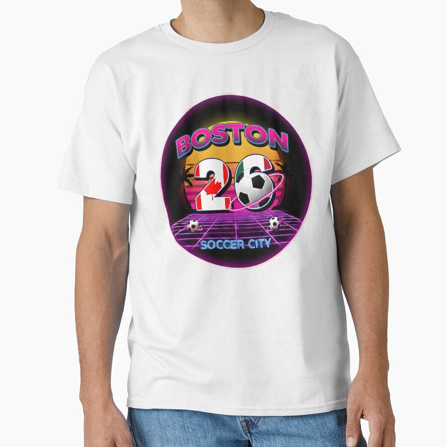 Retro Neon Boston Soccer City 2026 Emblem by Silent Watch Threads. Unisex T-shirt, Sweatshirt, Hoodie, Long Sleeve Tee - T-Shirt, Sweatshirt, Hoodie