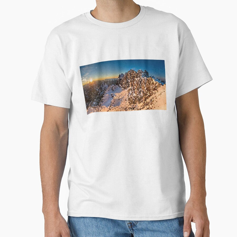 Pixelated Snowy Mountain Sunrise Scene by Potato Quality Prints Unisex T-shirt, Sweatshirt, Hoodie, Long Sleeve Tee - T-Shirt, Sweatshirt, Hoodie