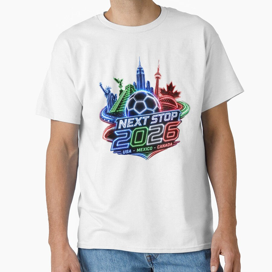Next Stop 2026 USA Mexico Canada Neon Soccer Emblem by emaga Unisex T-shirt, Sweatshirt, Hoodie, Long Sleeve Tee - T-Shirt, Sweatshirt, Hoodie