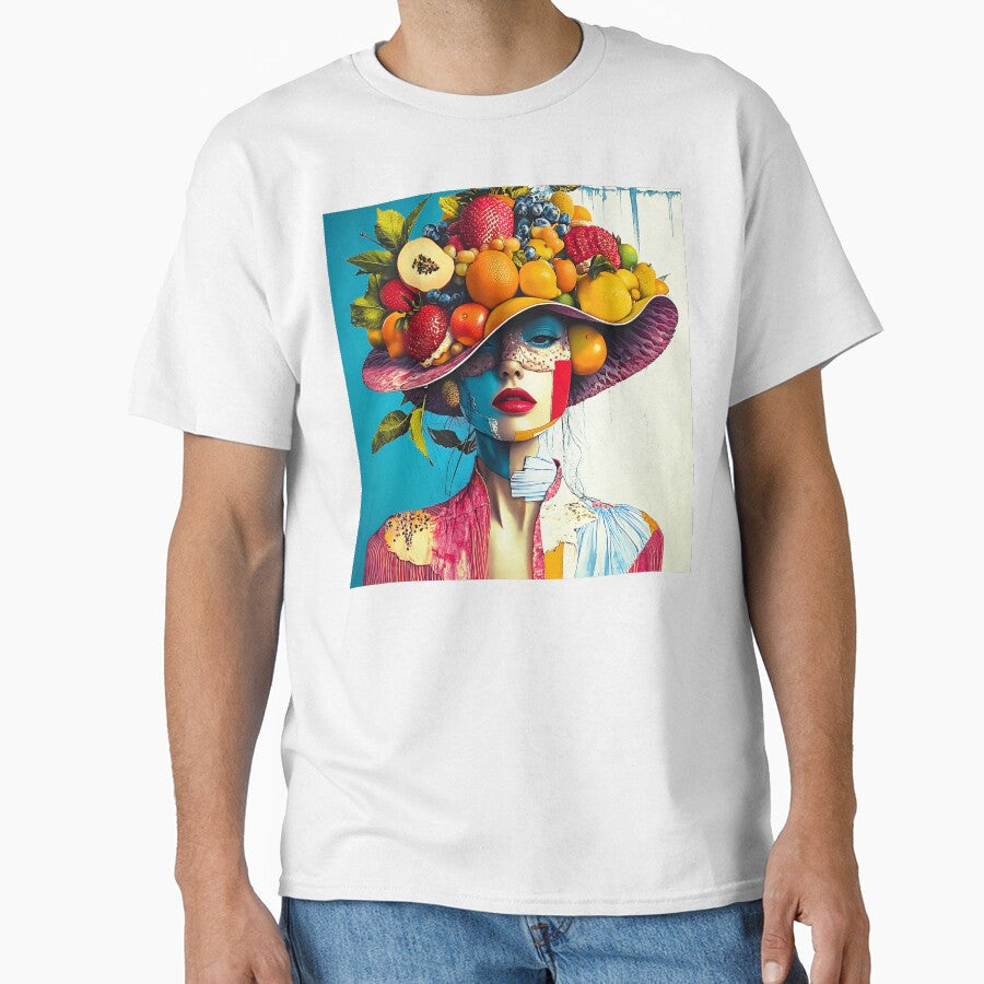 Whimsy Pop Art Female With Colorful Fruit Hat by DEC02 Unisex T-shirt, Sweatshirt, Hoodie, Long Sleeve Tee - T-Shirt, Sweatshirt, Hoodie