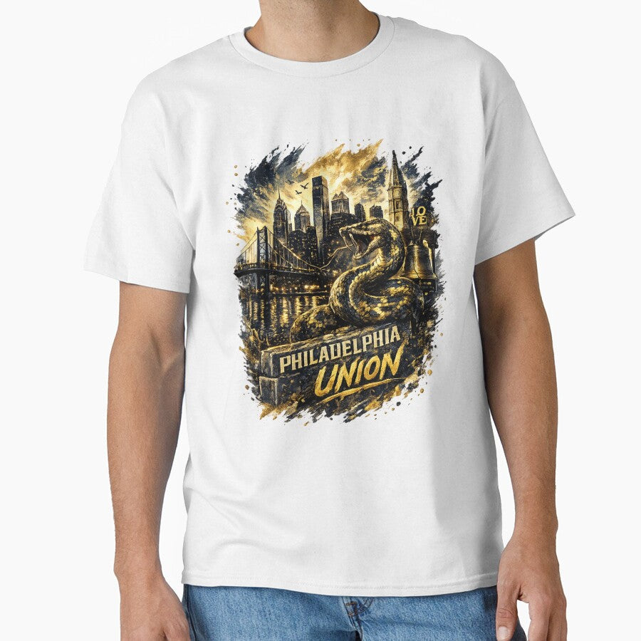 Philadelphia Union Soccer Design Snake Graphic Shirt Philly Skyline Football Fan Art Gold Black Sports Tee Gift for Soccer Lovers by GarnerSupplyCo - T-Shirt, Sweatshirt, Hoodie