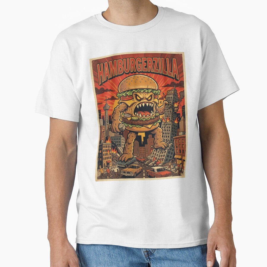 Hamburgerzilla Retro Monster Art Funny Giant Burger Destroying City by d247 Unisex T-shirt, Sweatshirt, Hoodie, Long Sleeve Tee - T-Shirt, Sweatshirt, Hoodie