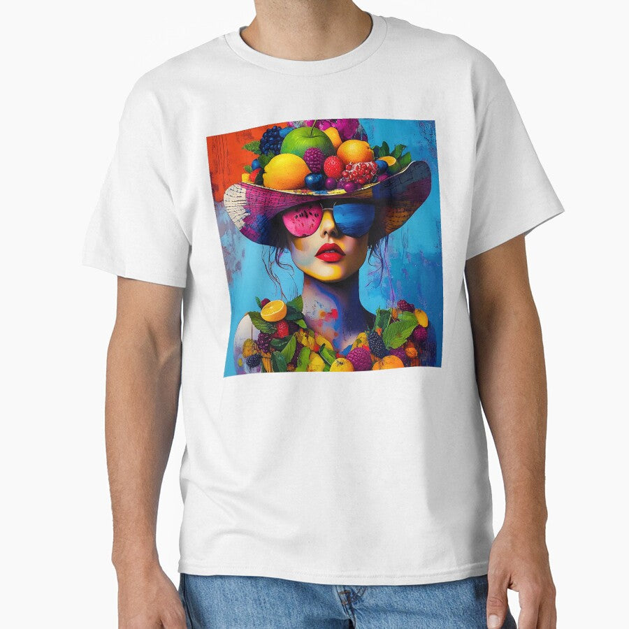 Whimsy Pop Art Female With Fantastical Fruit Hat by DEC02 Unisex T-shirt, Sweatshirt, Hoodie, Long Sleeve Tee - T-Shirt, Sweatshirt, Hoodie