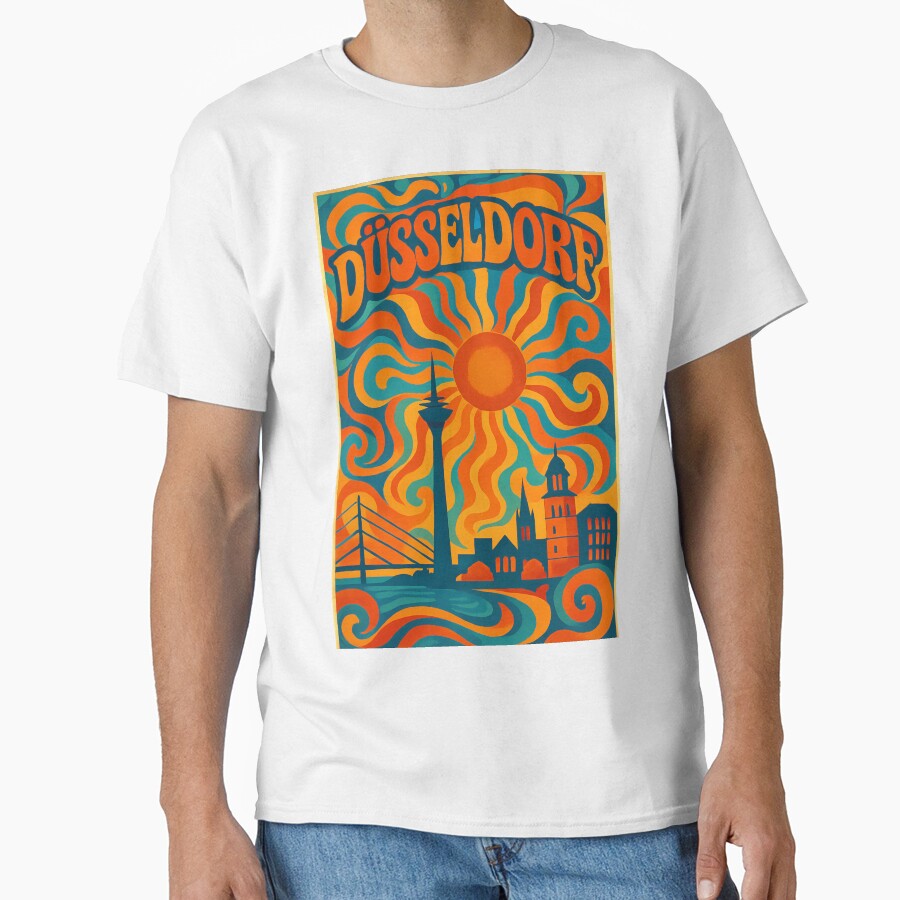 Trippy Psychedelic Poster of Dsseldorf | Neon Rhine River Skyline | Surreal German Cityscape Art by PaintedPixels01 - T-Shirt, Sweatshirt, Hoodie