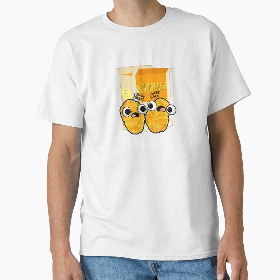Corn-flicts Funny Corn Flakes Pun (Dark BG) by punnybone Unisex T-shirt, Sweatshirt, Hoodie, Long Sleeve Tee - T-Shirt, Sweatshirt, Hoodie