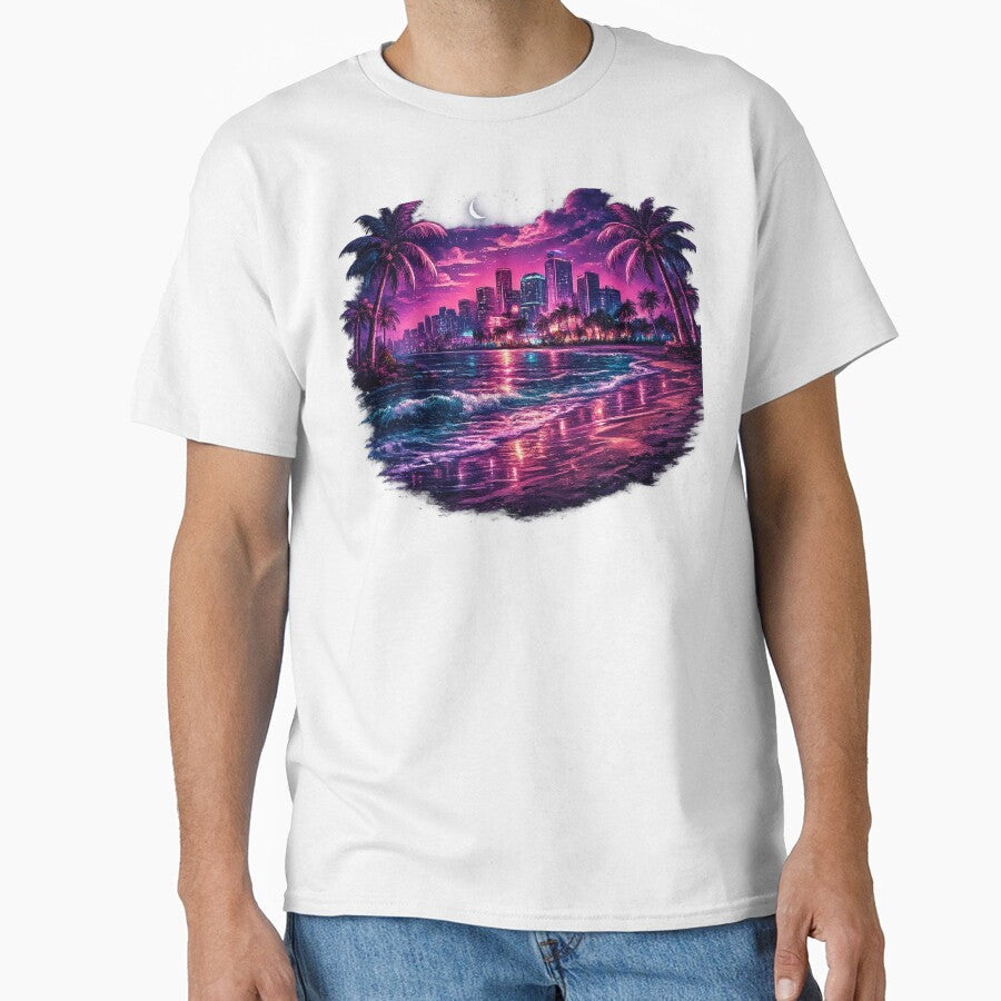 Neon Miami Nights Retro Synthwave Beach Cityscape by EmesWorks Unisex T-shirt, Sweatshirt, Hoodie, Long Sleeve Tee - T-Shirt, Sweatshirt, Hoodie