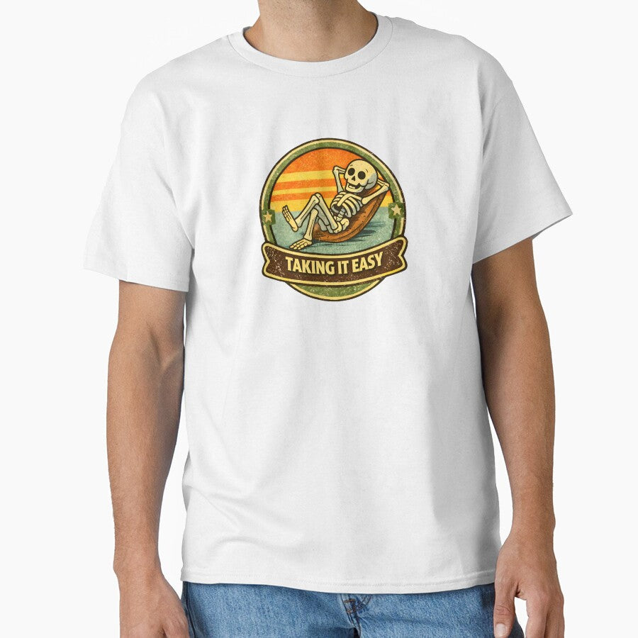 Taking It Easy  Relaxed Skeleton Vintage Cartoon Badge by WorkXPlay Unisex T-shirt, Sweatshirt, Hoodie, Long Sleeve Tee - T-Shirt, Sweatshirt, Hoodie