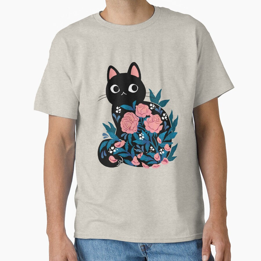 Black cat in Prink Roses by michelledraws Unisex T-shirt, Sweatshirt, Hoodie, Long Sleeve Tee - T-Shirt, Sweatshirt, Hoodie