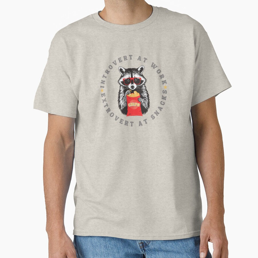 Introvert at Work Extrovert at Snacks, Raccoon and Chips by Shedronpanda Unisex T-shirt, Sweatshirt, Hoodie, Long Sleeve Tee - T-Shirt, Sweatshirt, Hoodie