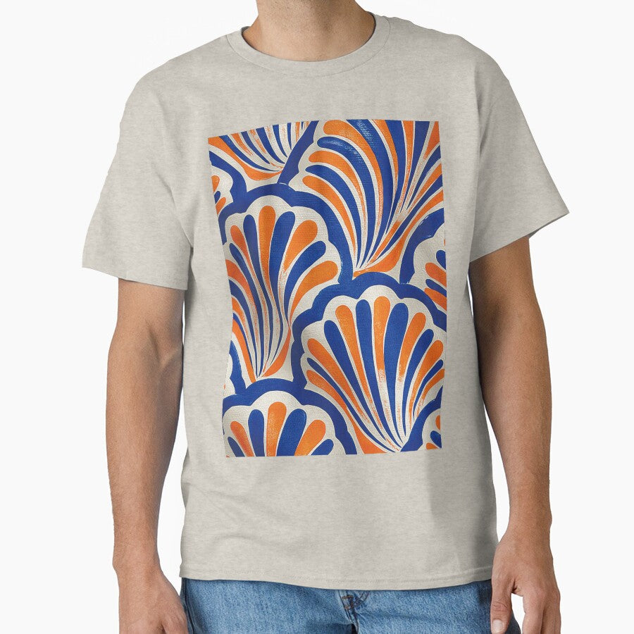 Modern Art Deco Scallop Pattern - Retro Blue and Orange Shells by ReijeeLap Unisex T-shirt, Sweatshirt, Hoodie, Long Sleeve Tee - T-Shirt, Sweatshirt, Hoodie