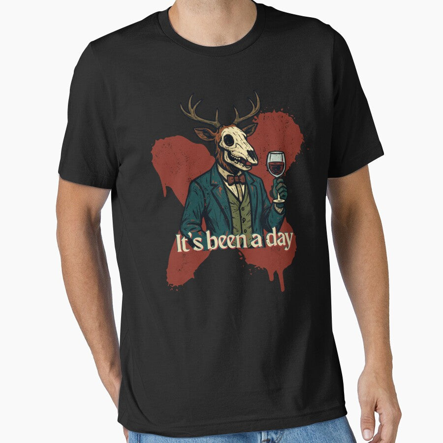 Its Been a Day  Elegant Deer with Wine Dark Humor Design by tellia-kallisto Unisex T-shirt, Sweatshirt, Hoodie, Long Sleeve Tee - T-Shirt, Sweatshirt, Hoodie