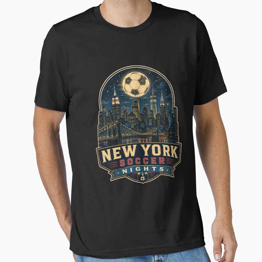 New York Soccer Nights Retro NYC Skyline Shirt | Football Travel Poster Design by Globalcitytees - T-Shirt, Sweatshirt, Hoodie