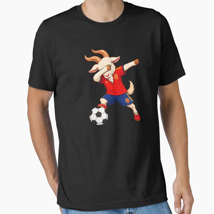 Funny Dabbing Goat in Spain Soccer Jersey  Spanish Football Mascot Illustration | World Cup 2026 Fan Art by BrainBubbleArt - T-Shirt, Sweatshirt, Hoodie