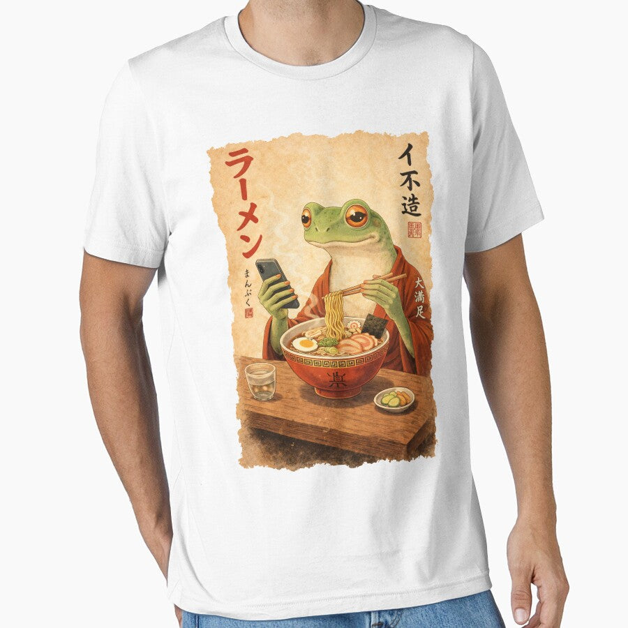 Funny Grumpy Frog Eat Ramen and Scroll Phone Japanese Art by Kladhadredo Unisex T-shirt, Sweatshirt, Hoodie, Long Sleeve Tee - T-Shirt, Sweatshirt, Hoodie