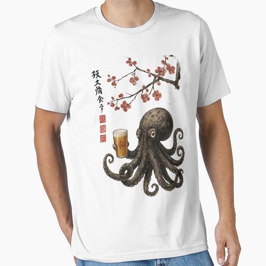Octopus with Beer  Japanese Ink Art Style Design by Arcaucil Unisex T-shirt, Sweatshirt, Hoodie, Long Sleeve Tee - T-Shirt, Sweatshirt, Hoodie