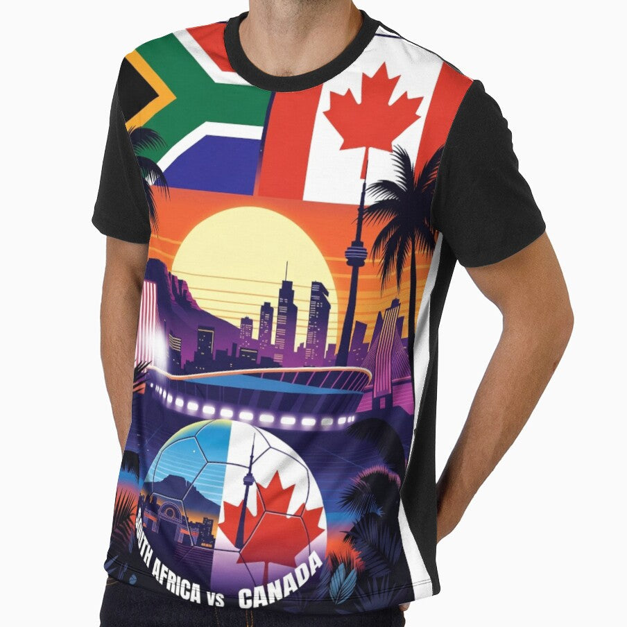 South Africa vs Canada 2026 Retro Synthwave City Skyline Soccer Art by Nexus Space Unisex T-shirt, Sweatshirt, Hoodie, Long Sleeve Tee - T-Shirt, Sweatshirt, Hoodie