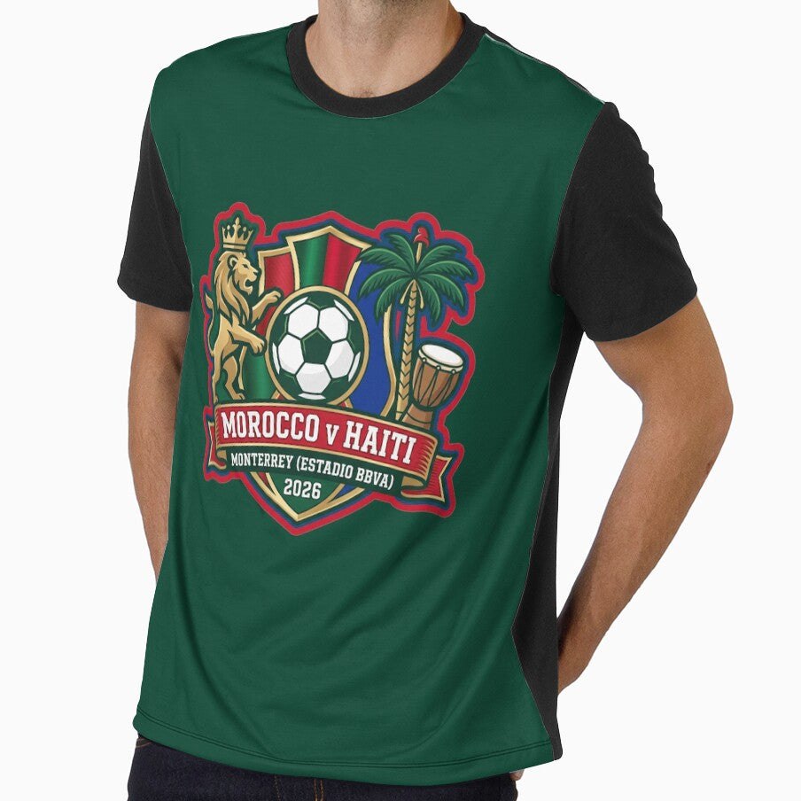 Morocco Versus Haiti Soccer Match Monterrey 2026 Crest by Pride Emblem Prints Unisex T-shirt, Sweatshirt, Hoodie, Long Sleeve Tee - T-Shirt, Sweatshirt, Hoodie